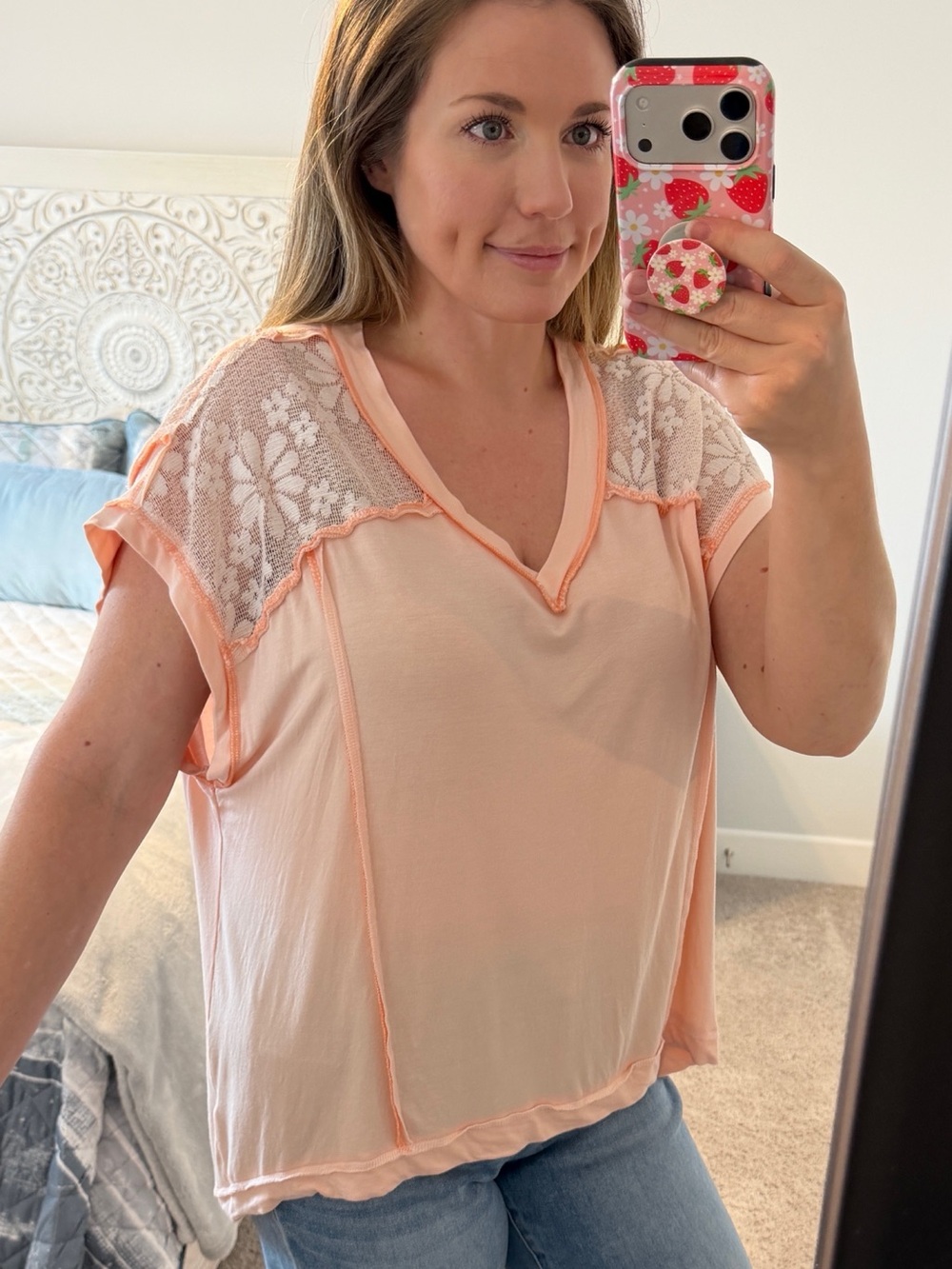 POL Lace Yoke V-Neck Short Sleeve Top
